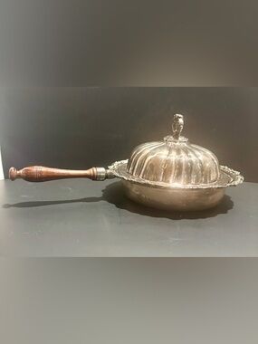 Vintage Silver Tone Covered Chafing Pan with Wooden Handle